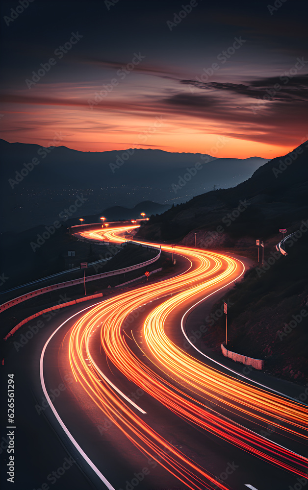A long exposition of a road with light trails of passing cars. Generative AI