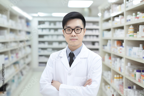 Portrait of an Asian Pharmacist Man in Glasses in a Workplace: AI Generated