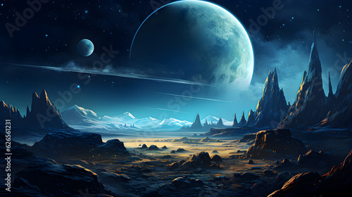 Fantastic landscape of an alien planet with rocks, flying rocks and glowing yellow-blue spots. Illustration of outer space and panorama of planet surface for computer game background. Generative AI