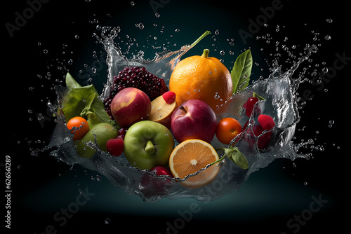 colorful fruit splashed in the water on black background