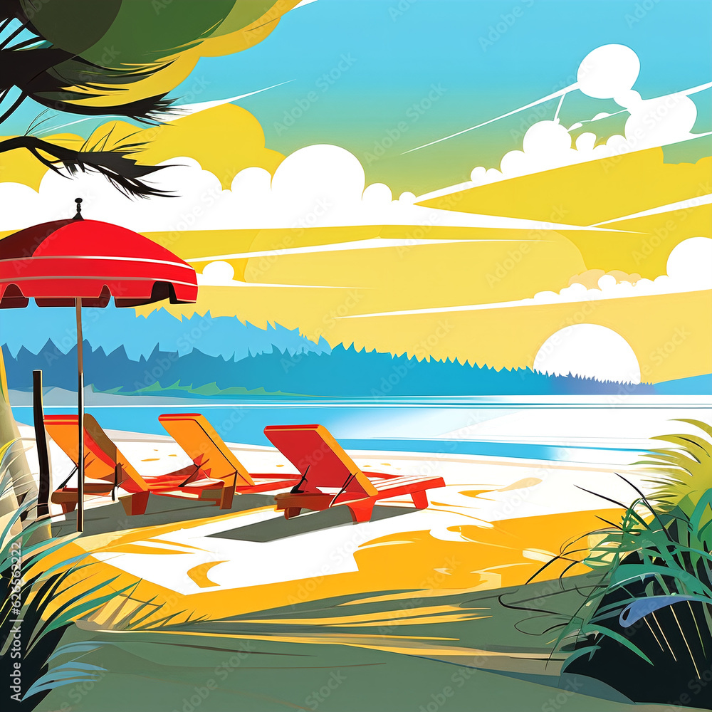 Peaceful lake shore beach with sun furniture, Generative AI