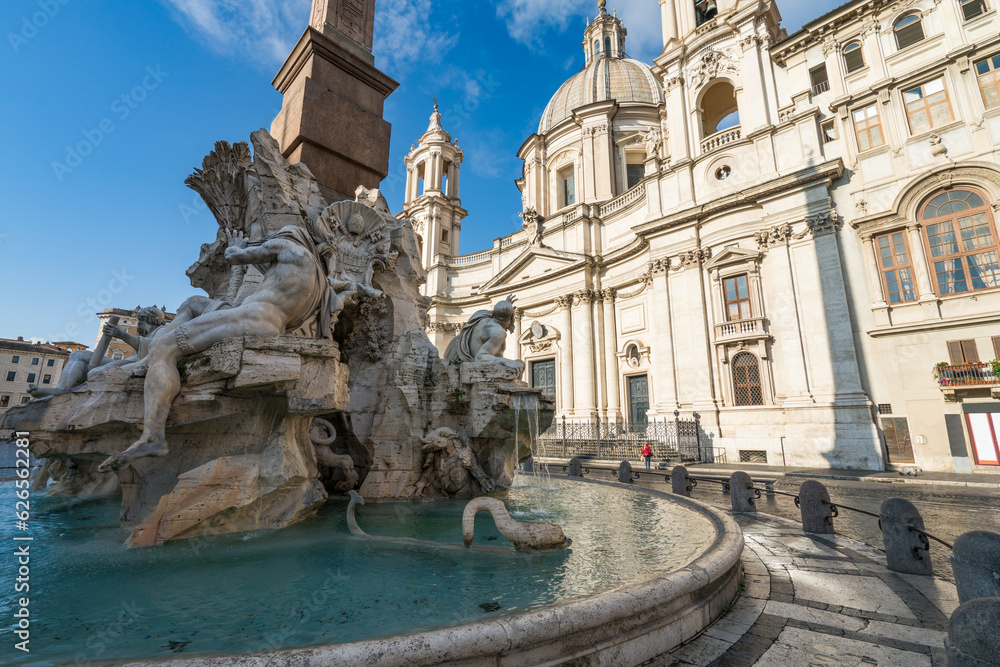 Close up view of Fountain dei Quattro at Piazza Navona on sunny summer day
