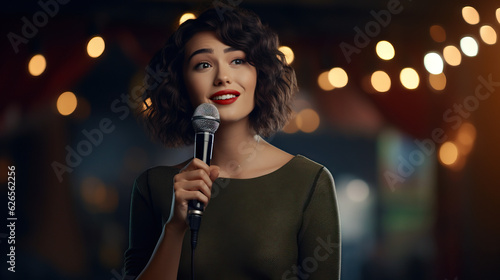 Stand Up Comedian Woman Holding Microphone on Stage Giving Performance. Portrait Red Lip Stick. Concept of Telling Joke, Performing, Comedy Club, and Stage. Portrait Close Up.
