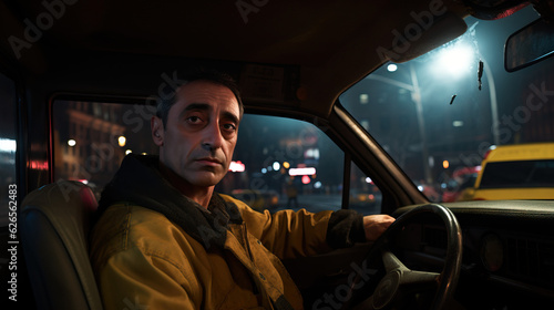 Taxi Driver in a Taxi Car. Drivers Seat, Looking Back. Wearing Coat. New York City Streets, Portrait. Concept of Public Transportation, Worker, Fare © Lila Patel