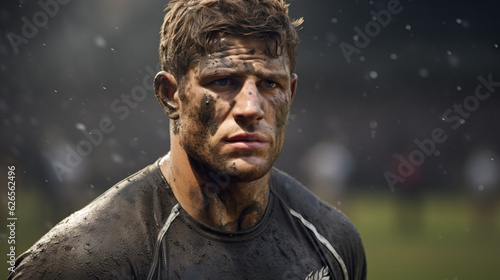 Rugby Player on the Field. Muddy Face and Serious Look. Muscular and Green Grass in Background. Close Up Portrait. Concept of Sports, Football, Strive, Win, Lose. © Lila Patel