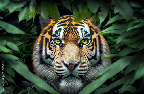 Fierce eyes of bengal tiger in deep jungle  AI generated