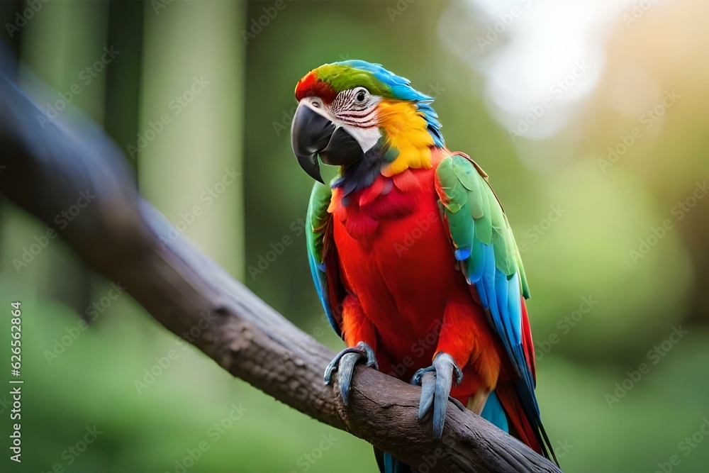  its vibrant feathers creating a stunning contrast against the weathered stone and the surrounding lush vegetation, rays of sunlight piercing through the canopy above