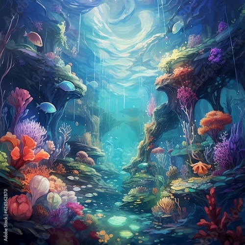 The underwater world, the beauty of the ocean, with fish, bright coral reefs and amazing landscapes underwater, anime art style. © Mayachnya