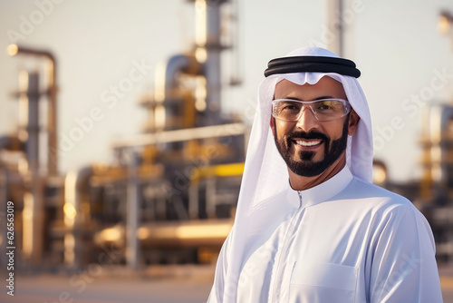 Businessman Muslim Arab on oil pump background. Successful and wealthy inspire person.