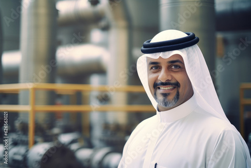 Businessman Muslim Arab on oil pump background. Successful and wealthy inspire person.