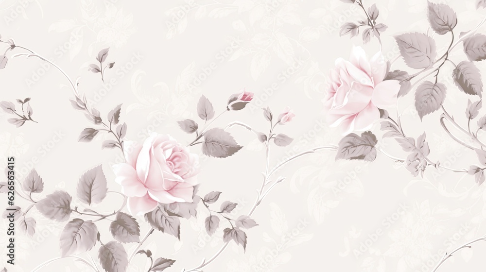 Trendy watercolor rose flowers background. Floral AI illustration. Botanic composition for wedding or greeting card. Design for fabric luxurious and wallpaper, vintage style.
