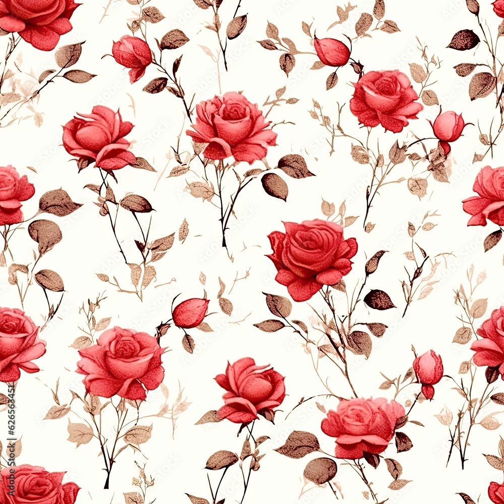 Obraz premium Abstract seamless floral pattern with red roses flowers. Floral design backdrop. AI illustration. For background, texture, wrapper pattern, frame or border..