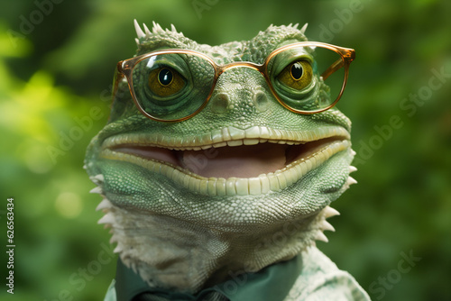 reptile close-up animal iguana portrait glasses green scale lizard wildlife. Generative AI. © SHOTPRIME STUDIO