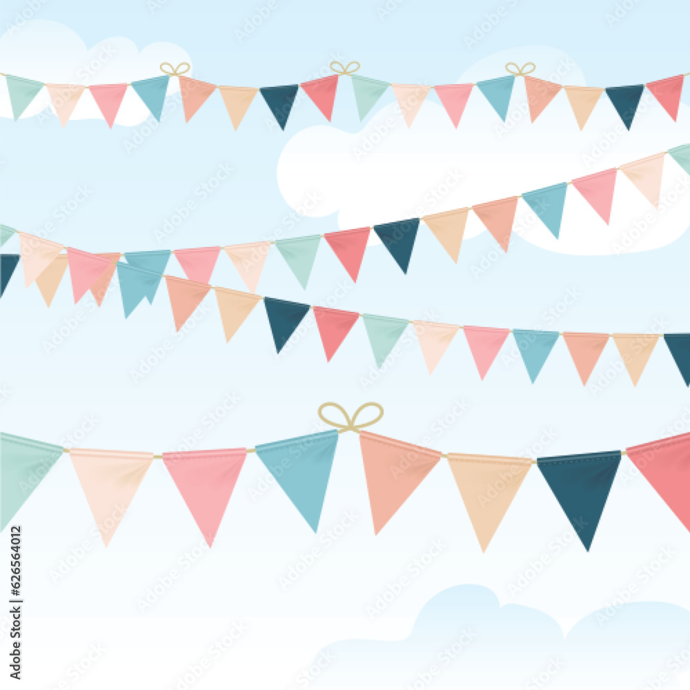 Fototapeta premium Realistic Detailed 3d Bunting Garland Pennant Flags Set on a Blue Sky Background. Vector illustration of Party Concept