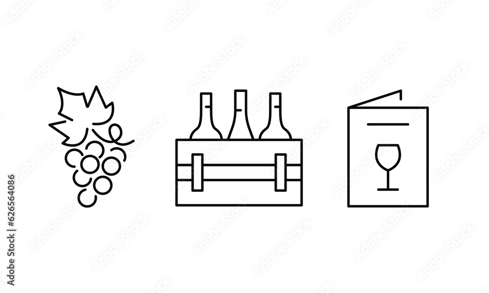 Wine line icons set. Vector line icons. Contains such icons as menu , wineglass, grape leaves and more. Design signs for banner, web page, mobile app, restaurant. Vector illustration