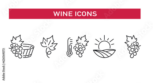 Wine line icons set. Vector line icons. Contains such icons as wine barrel , wineglass, grape leaves and more. Design signs for banner, web page, mobile app, restaurant. Vector illustration