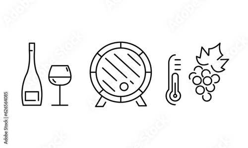 Wine line icons set. Vector line icons. Contains such icons as wine barrel , wineglass, grape leaves and more. Design signs for banner, web page, mobile app, restaurant. Vector illustration