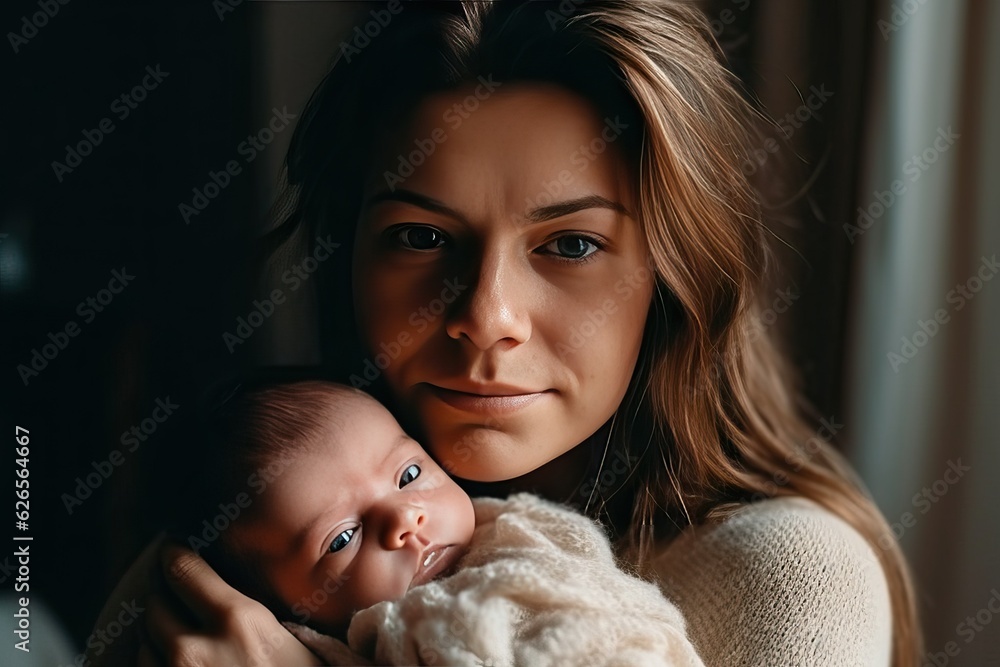 Pretty Woman Cradling Her Precious Newborn Baby in Tender, Loving Arms, Celebrating the Miracle of Life