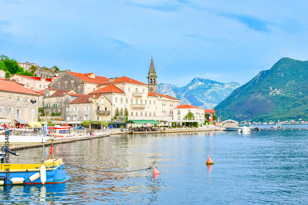 View of historic city of Perast in the famous Bay of Kotor in Montenegro, southern Europe