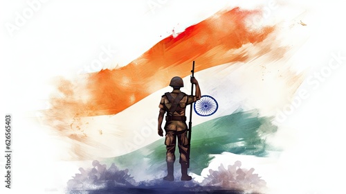Soldier in front of Indian flag vector illustration on white background copyspace, Indian Independence day 15th august 2023