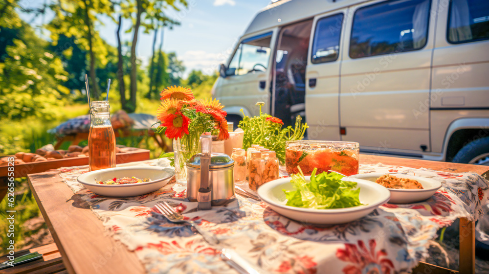 picnic lunch celebration with camper van