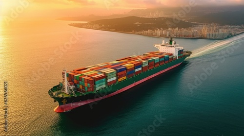 Aerial View of Container Cargo Ship at the pier. Generative Ai