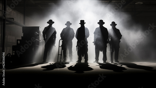 mafia black figures come out silhouettes from the night fog black and white photo