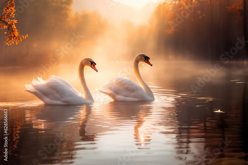 Two beautiful white swans swim on a mountain lake on a foggy morning at dawn.