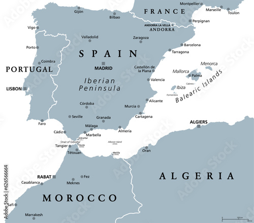 West Mediterranean, gray political map. Iberian Peninsula, bordered by the North Atlantic and Mediterranean Sea, separated from Africa by the Strait of Gibraltar. Portugal, Spain and Balearic Islands.