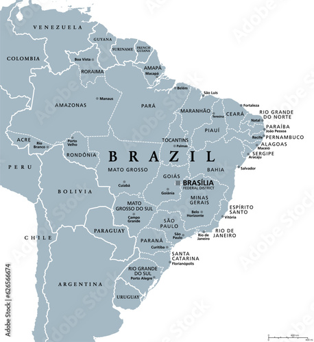 States of Brazil, gray political map. Federative units with borders and capitals. Subnational entities with certain degree of autonomy, forming the Federative Republic of Brazil with capital Brasilia.