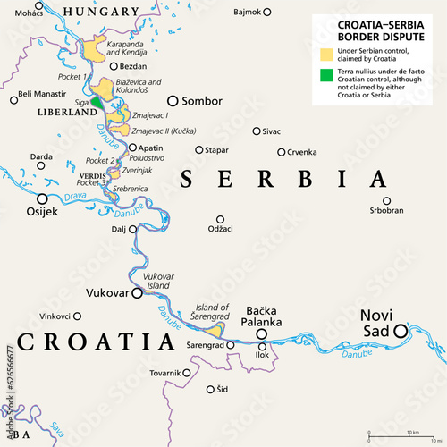 Croatia-Serbia border dispute, political map. Yellow marked Danube area under Serbian control, but claimed by Croatia. Two areas of no mans land are claimed by the micronations Liberland and Verdis.