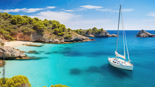 Beautiful beach with sailing boat yacht, Menorca island, Spain. Sailing boats in a bay. Summer fun, enjoying life, yachting, travel and active lifestyle concept, Generative AI