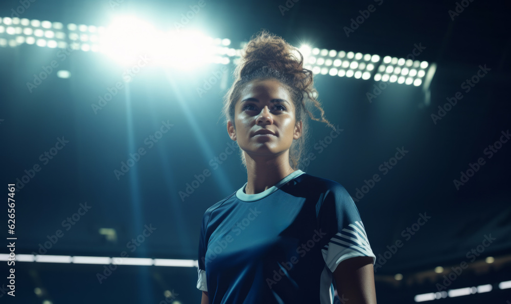 Portrait of a female football player in a soccer stadium with floodlights