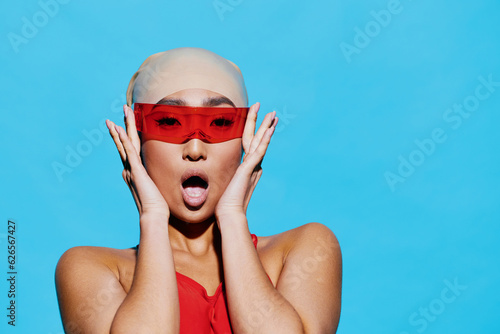 Fashion woman sunglasses cute asian smiling beauty red portrait emotion style blue
