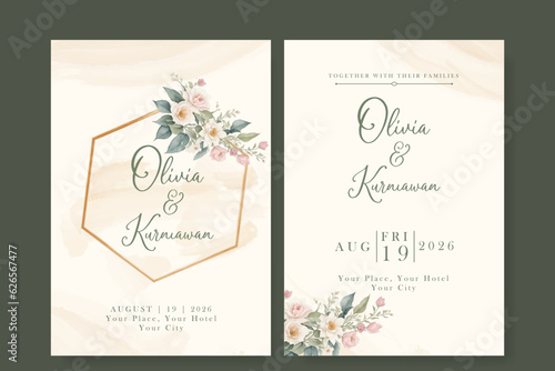 elegant watercolor flower and leaves on wedding card template