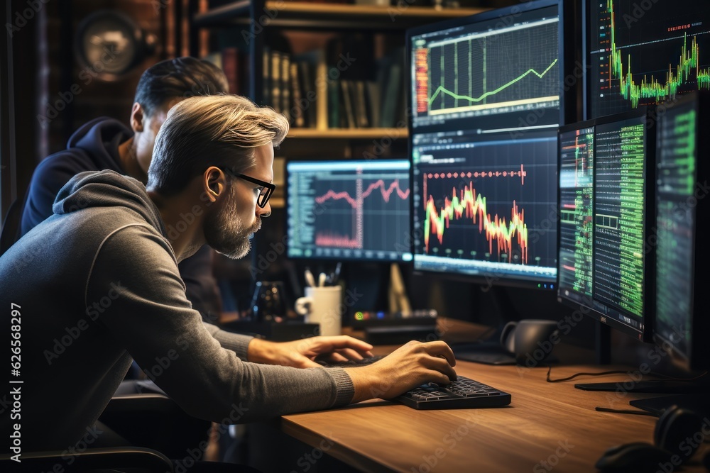 crypto traders discussing trading charts research reports growth looking at monitor analyzing strategy, financial risks concept. Trading concept.Trading. Space for a copy. Made With Generative AI.