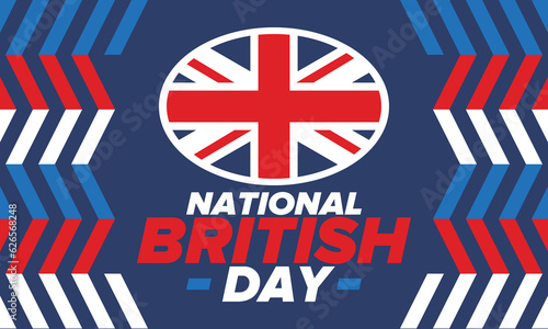 National British Day. Happy holiday, celebrated annual. Great Britain flag. British fame and glory. United Kingdom patriotic elements. Festival and parade design. Vector poster illustration