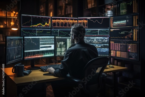 Trading. analyzing invest strategy. crypto traders, research reports growth looking at monitor analyzing strategy, financial risks concept. Trading concept. Space for a copy. Made With Generative AI.