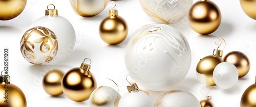Winter holiday wallpaper. Festive white and gold Christmas ornaments and baubles. Empty glass snow ball isolated