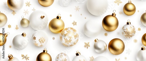 Winter holiday wallpaper. Festive white and gold Christmas ornaments and baubles. Empty glass snow ball isolated