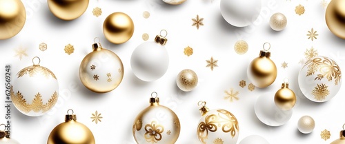 Winter holiday wallpaper. Festive white and gold Christmas ornaments and baubles. Empty glass snow ball isolated