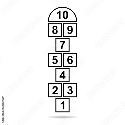 Hopscotch outdoor shadow icon, fun play jump active game kid, street vector illustration