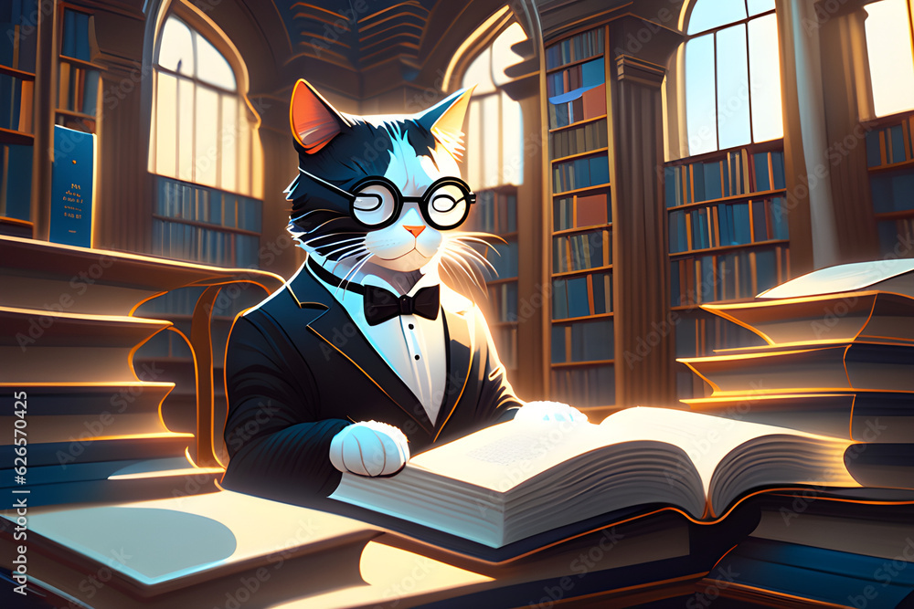 A classy cat reading in the library.
Generative AI