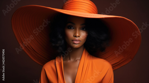 Young African American woman with black curly hair in the orange hat with wide brim covering her face. Black strong girl on yellow background, front view.
