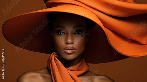Young African American woman with black curly hair in the orange hat with wide brim covering her face. Black strong girl on yellow background, front view.
