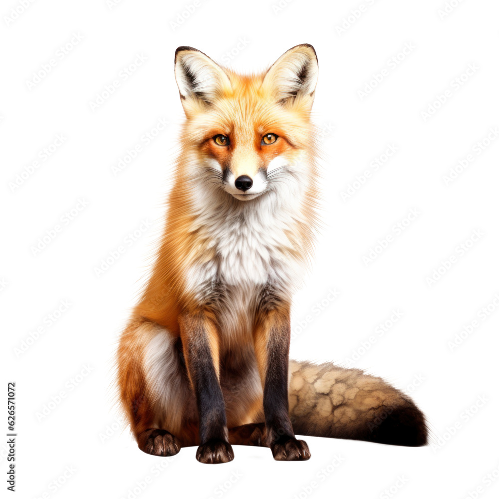 Sitting fox on transparent background. Wild animal png element.