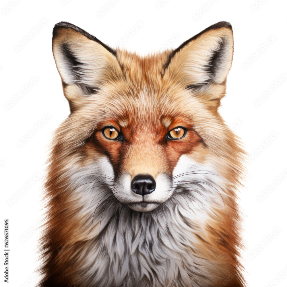 Fototapeta premium Portrait of red fox on transparent background. Wild animal png element.