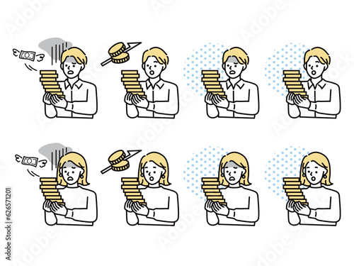お金の支出を表すイラスト(貯蓄、出費、浪費、ローン、副業) An illustration showing the expenditure of money.Savings, expenses, waste, loans, side jobs.