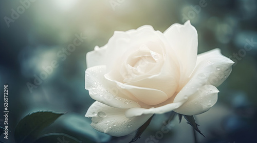 Beautiful white rose on a light background. Soft focus. Copy space.