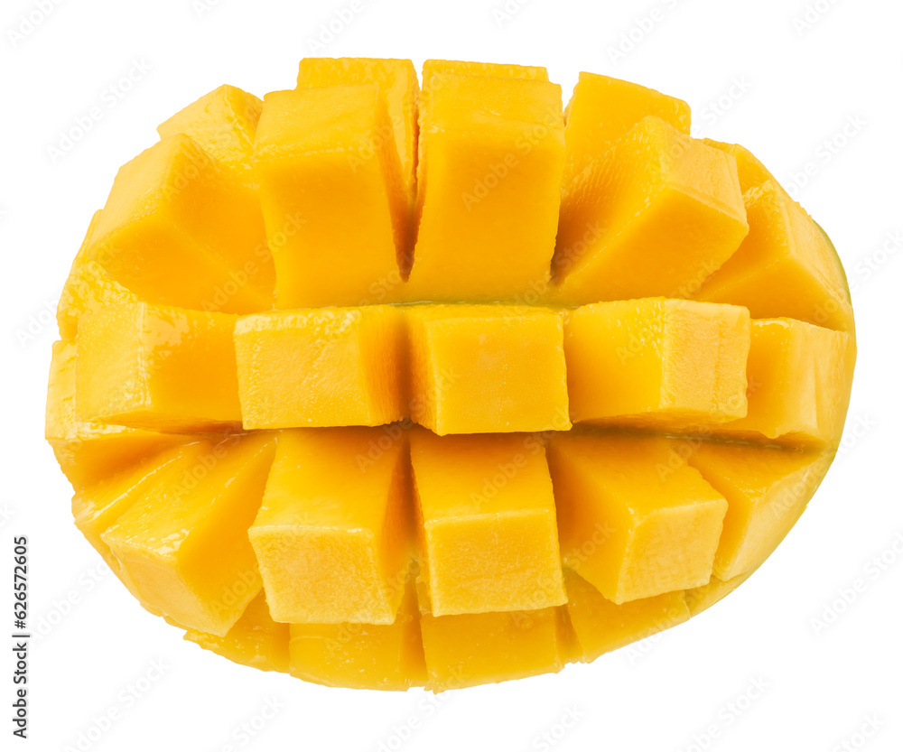 Fotografie Ripe mango cut into cubes on a white isolated background